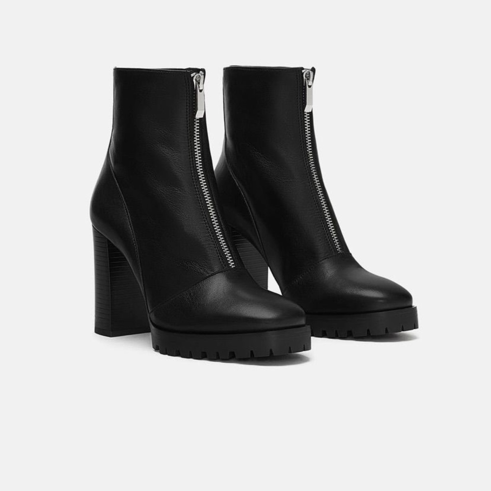 Zara Black Leather Platform Lug Boots 7
